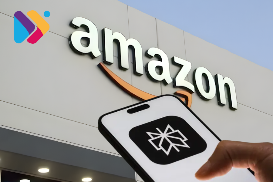 Logo da Amazon e Perplexity em confronto digital com símbolo de IA entre eles