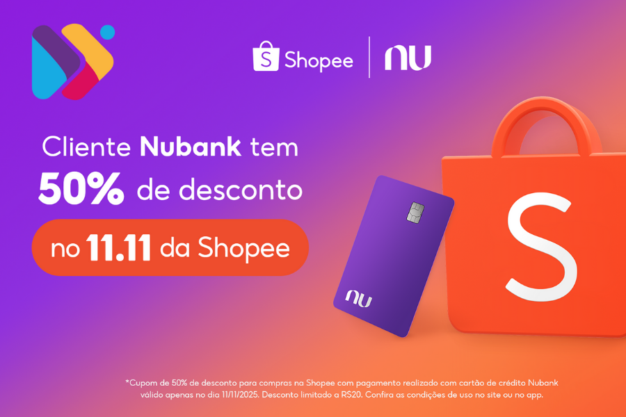 Cartão Nubank ao lado de celular com o app Shopee exibindo promoção 11.11