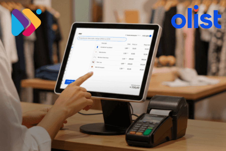 Sistema PDV Olist em funcionamento em loja física moderna.
