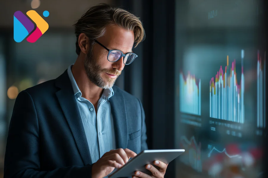 Empresário analisando métricas de desempenho no painel digital