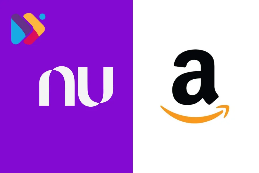 Logotipos da Amazon e Nubank representando nova parceria no Brasil.