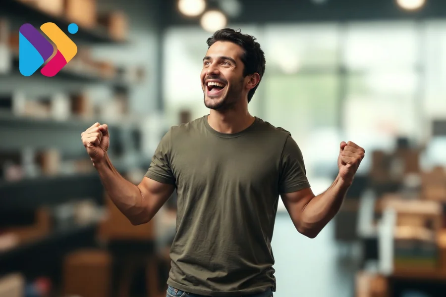 a happy young man celebrating after selling a lot on the marketplaces