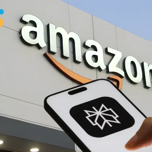 Logo da Amazon e Perplexity em confronto digital com símbolo de IA entre eles