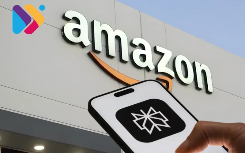 Logo da Amazon e Perplexity em confronto digital com símbolo de IA entre eles