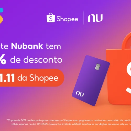 Cartão Nubank ao lado de celular com o app Shopee exibindo promoção 11.11