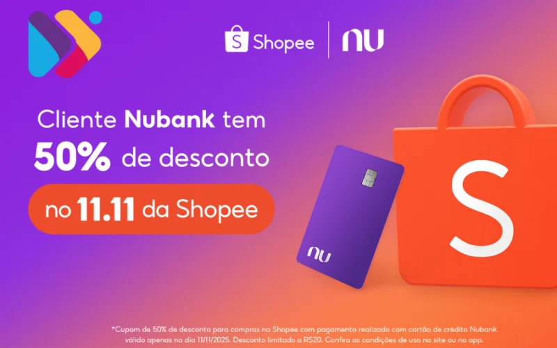 Cartão Nubank ao lado de celular com o app Shopee exibindo promoção 11.11