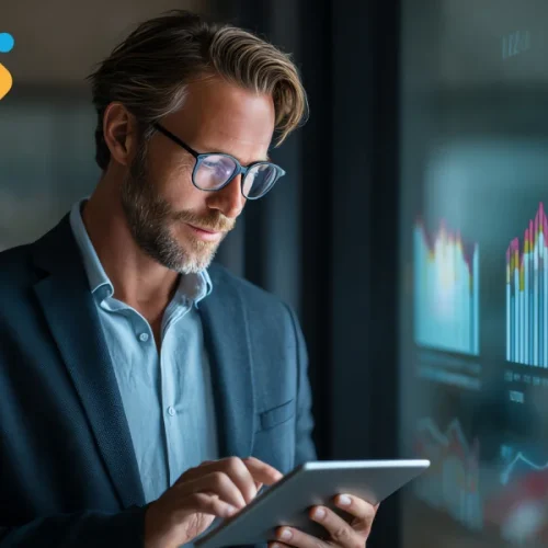 Empresário analisando métricas de desempenho no painel digital