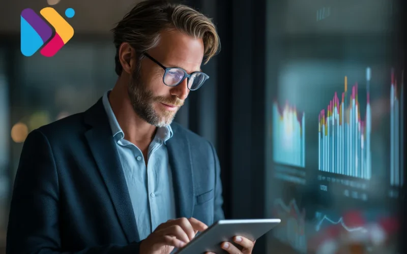 Empresário analisando métricas de desempenho no painel digital