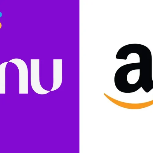 Logotipos da Amazon e Nubank representando nova parceria no Brasil.