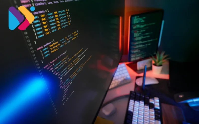 Computador com dashboard de ERP mostrando controle de vendas e estoque integrado