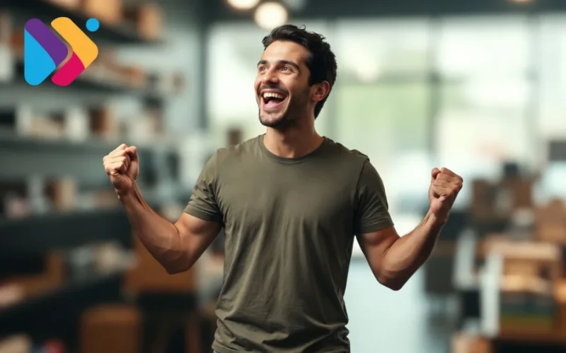 a happy young man celebrating after selling a lot on the marketplaces